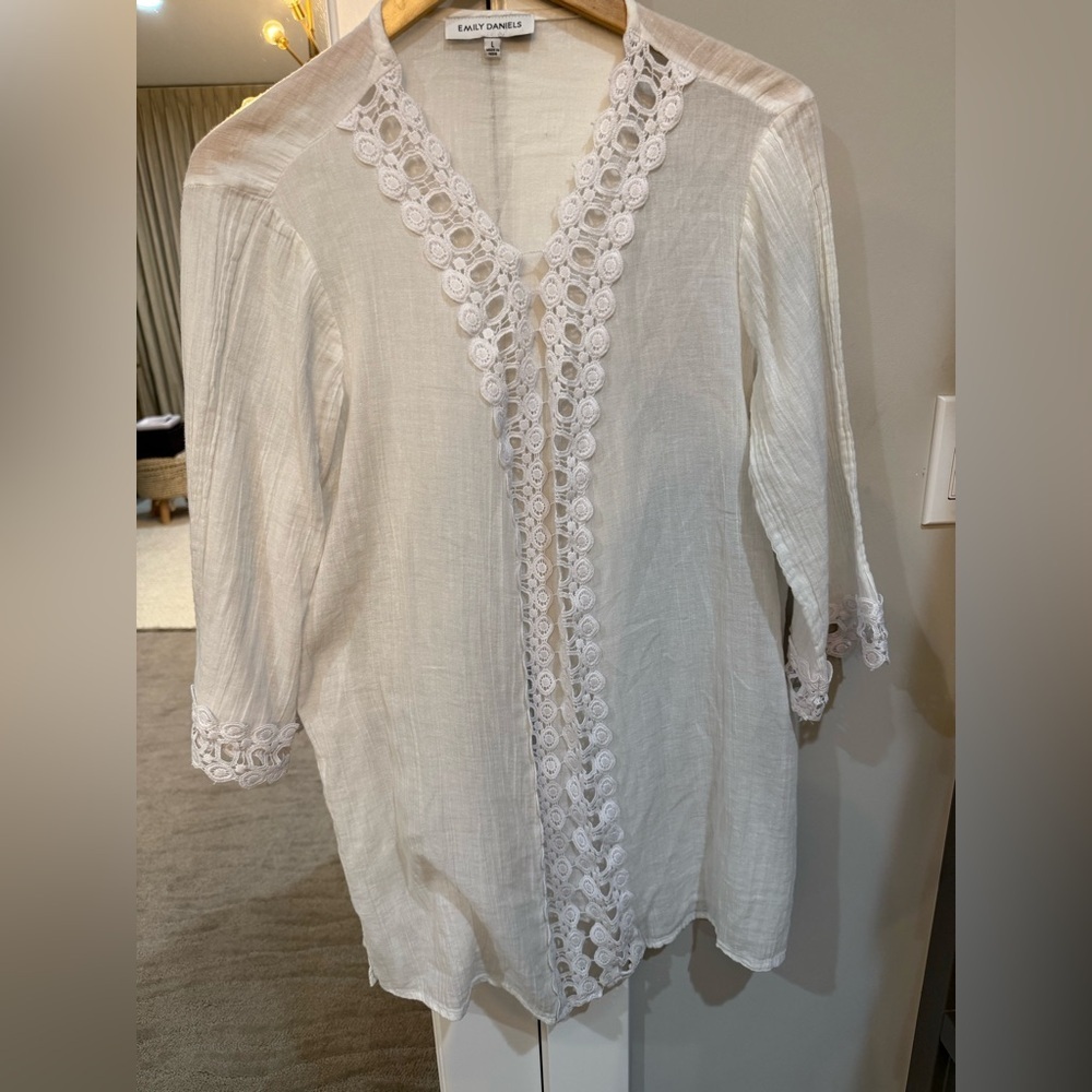 Emily Daniels White Lace Trim Cotton Women's Tunic Top Size Large